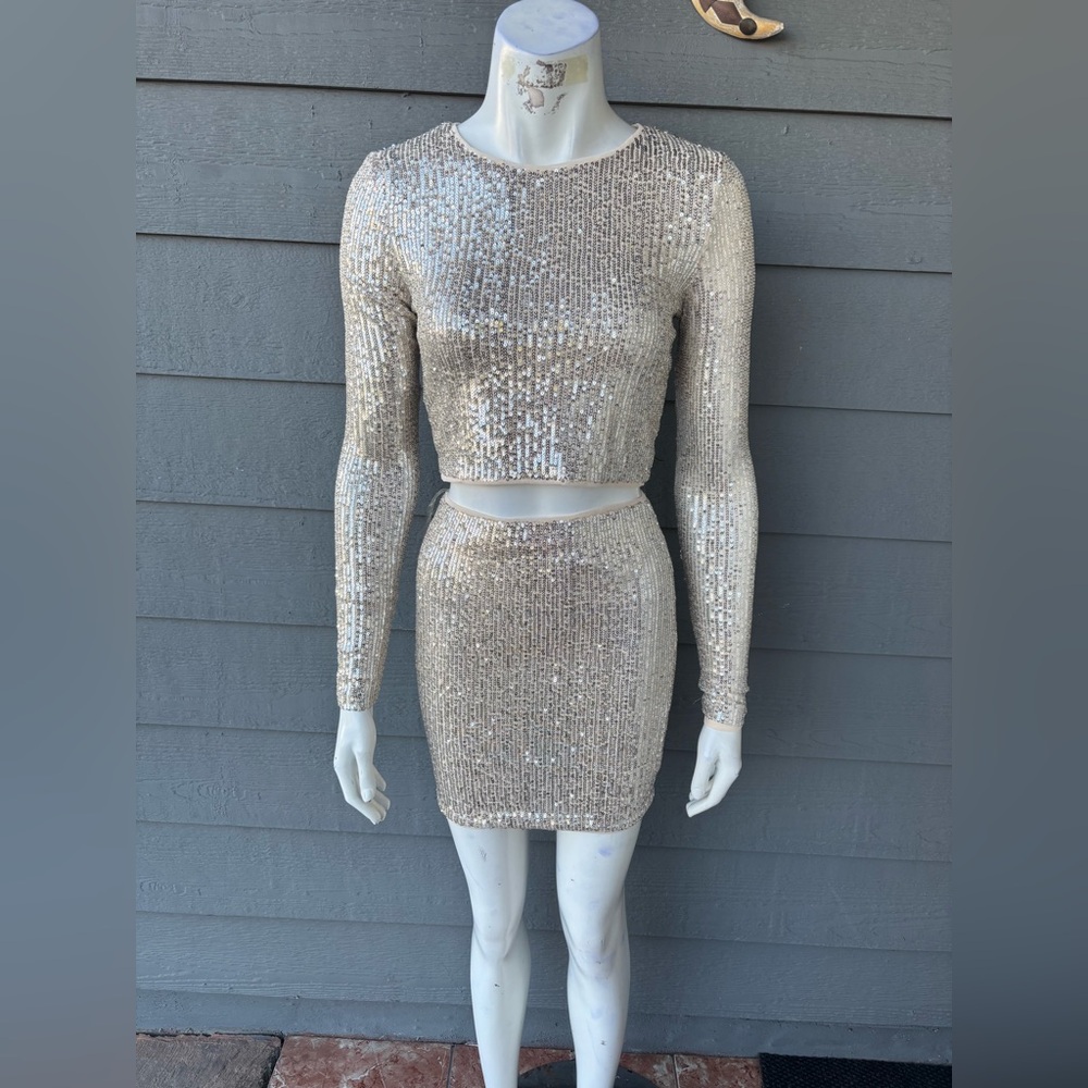 Hera Collection Sequin Crop Top and Skirt Set - Cream